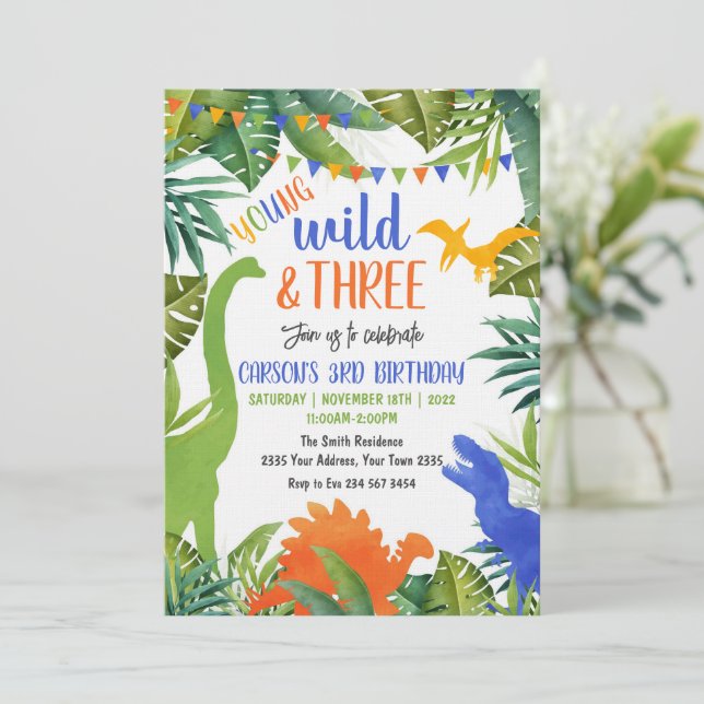 Invitation Young Wild and Three Dinosaur Birthday (Debout devant)