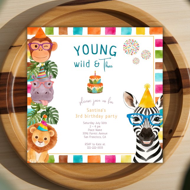 Invitation Young Wild And Three Fun Animals 3rd Birthday (Créateur téléchargé)