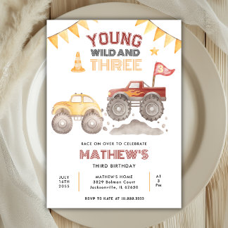 Invitation Young Wild And Three Monster Truck 3rd Birthday