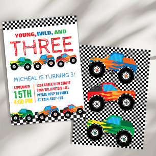 Invitation Young Wild and Three Monster Truck Boys Anniversai