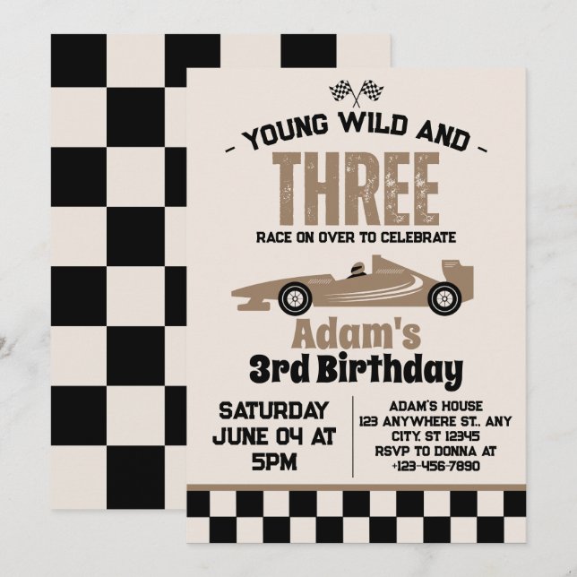 Invitation Young Wild and Three Race Car 3e fête d'anniversai (Devant / Derrière)