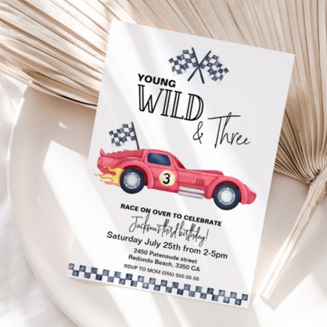 Invitation YOUNG Wild and Three Red Race Car Birthday  (Race car Red Young Wild and three birthday invitation)