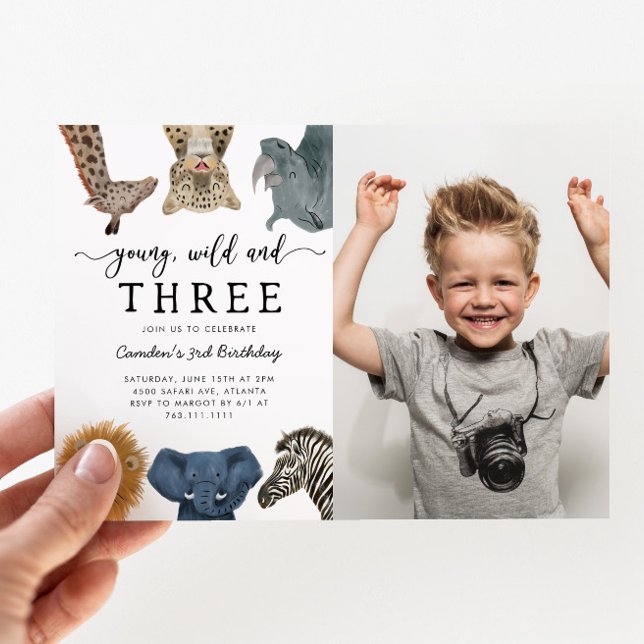 Invitation Young Wild and Three Safari Birthday Party Photo (Créateur téléchargé)
