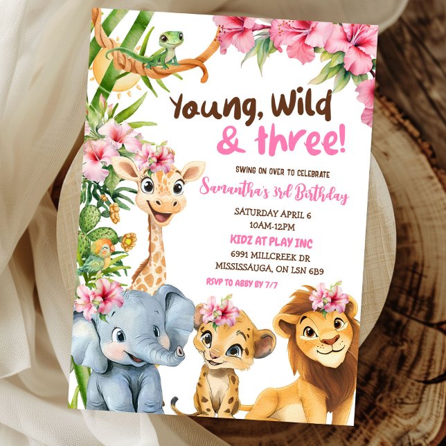 Invitation Young Wild and Three Safari Girl Troisième anniver (Créateur téléchargé)