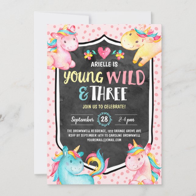 Invitation Young Wild and Three Unicorn Birthday Party (Devant)