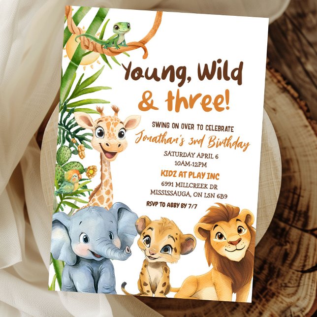 Invitation Young Wild and Three Zoo Safari Boy Troisième anni (Créateur téléchargé)