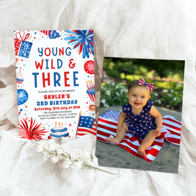 Invitation Young Wild et Three 4 Juillet 3 Anniversaire (Watercolor Patriotic Fireworks Young Wild and Three 4th July 3rd Birthday Party Invitation)