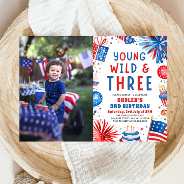 Invitation Young Wild et Three 4 Juillet 3 Anniversaire (Watercolor Patriotic Fireworks Young Wild and Three 4th July 3rd Birthday Party Invitation)