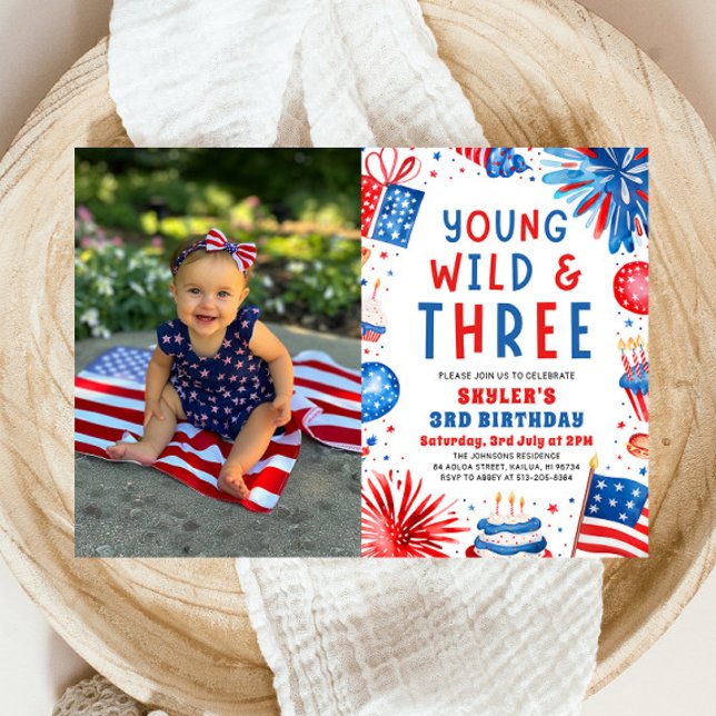 Invitation Young Wild et Three 4 Juillet 3 Anniversaire (Watercolor Patriotic Fireworks Young Wild and Three 4th July 3rd Birthday Party Invitation)