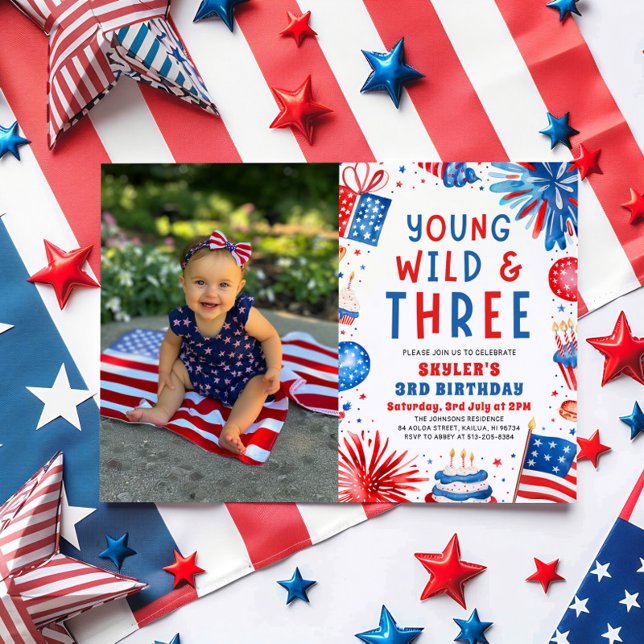 Invitation Young Wild et Three 4 Juillet 3 Anniversaire (Watercolor Patriotic Fireworks Young Wild and Three 4th July 3rd Birthday Party Invitation)