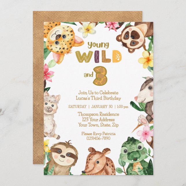 Invitation Young Wild et Three Safari Animal 3ème anniversair (Devant / Derrière)