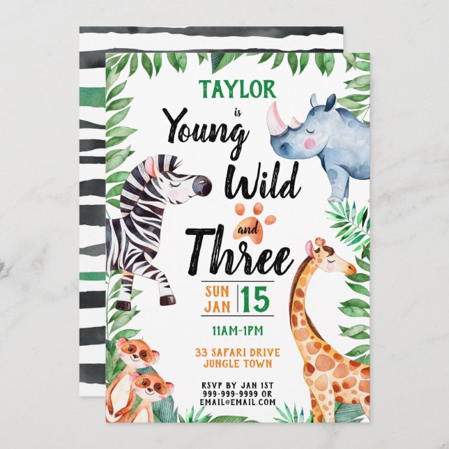 Invitation Young Wild et Three Safari Animal 3ème anniversair (Devant / Derrière)