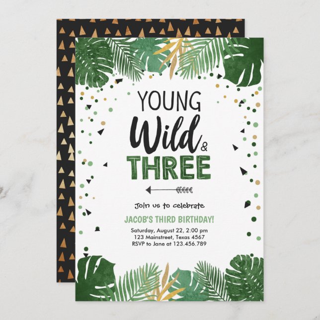 Invitation Young Wild et trois animaux Safari Boy Birthday (Devant / Derrière)