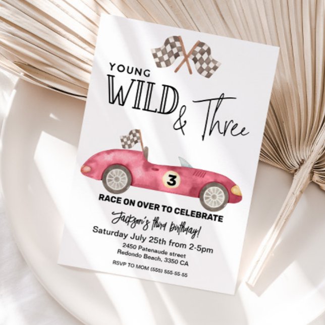 Invitation Young Wild et TROIS Red Race voiture 3e anniversai (Young wild and THREE birthday invitatin, Red race car , third birthday boy)
