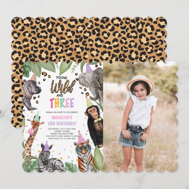Invitation Young Wild et TROIS Safari 3ème anniversaire Photo (Devant / Derrière)
