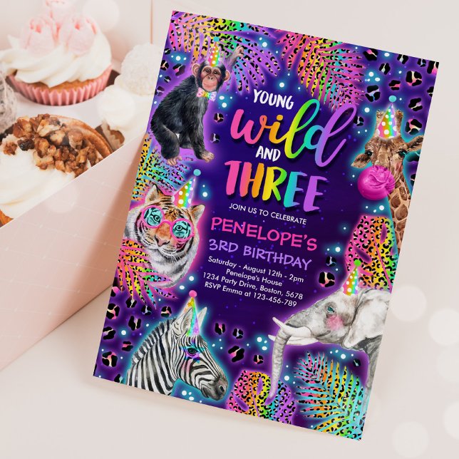 Invitation Young Wild Et Trois Safari Neon Cheetah Anniversai (Créateur téléchargé)