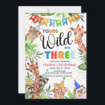Invitation Young & Wild Jungle Safari Kids Birthday<br><div class="desc">Fun neutral safari themed birthday party invitation, featuring tropical greenery, cute jungle animals (leopard, cheetah, giraffe, hedgehog and cheeky racoons), colorful confetti and a modern birthday template that is easy to customize by using the 'customize further' option. You can choose the age in 'personalize' with images for ages 3 to...</div>