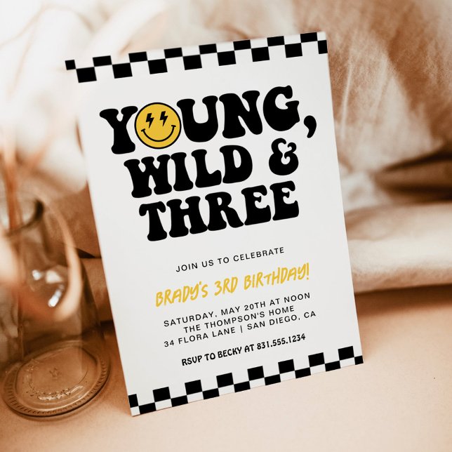 Invitation Young, Wild & Three, 3e anniversaire Smiley Face B (Créateur téléchargé)