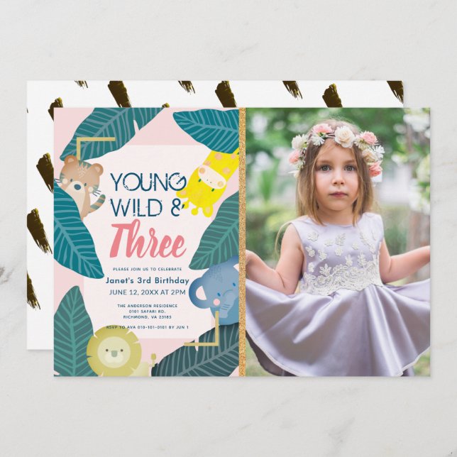 Invitation Young Wild & Three Animal Girl Photo Anniversaire (Devant / Derrière)