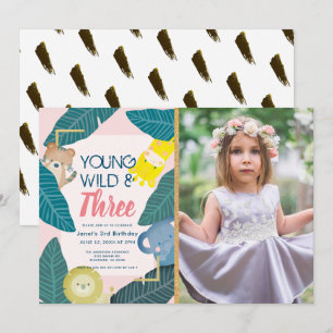 Invitation Young Wild & Three Animal Girl Photo Anniversaire