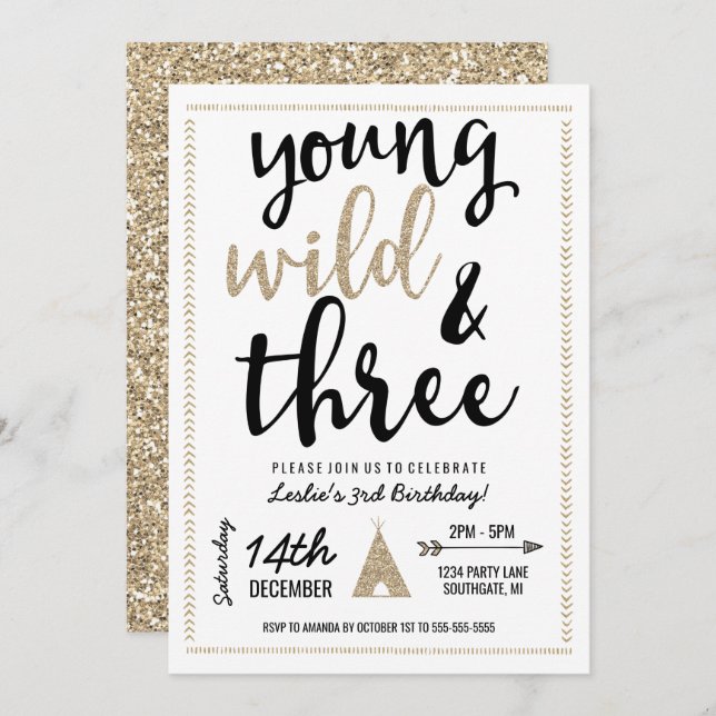 Invitation Young Wild & Three - Black & Gold (Devant / Derrière)