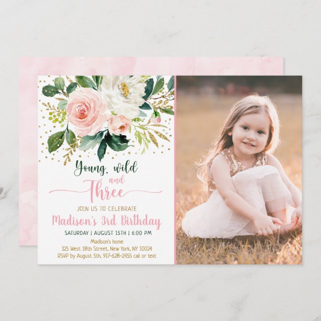 Invitation Young Wild & Three Boho Floral Rose Gold Anniversa (Devant / Derrière)