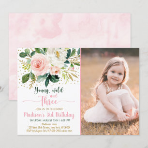 Invitation Young Wild & Three Boho Floral Rose Gold Anniversa