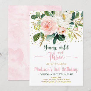 Invitation Young Wild & Three Boho Floral Rose Gold Anniversa