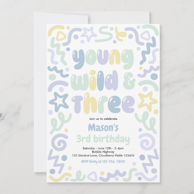 Invitation Young Wild & Three Confetti Balloon 3rd Birthday  (Devant)