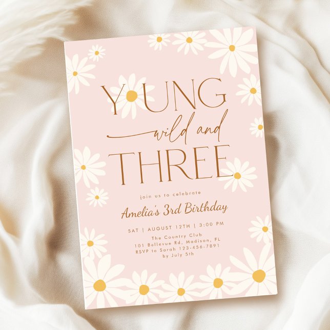 Invitation Young Wild Three Daisy Floral 3rd Birthday (Créateur téléchargé)