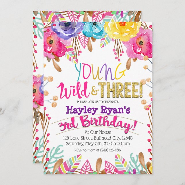 Invitation Young Wild & Three Girls Boho Floral 3e anniversai (Devant / Derrière)