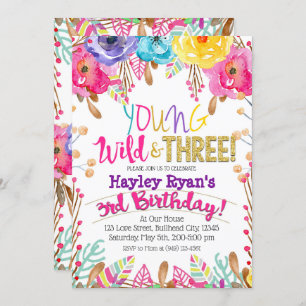 Invitation Young Wild & Three Girls Boho Floral 3e anniversai