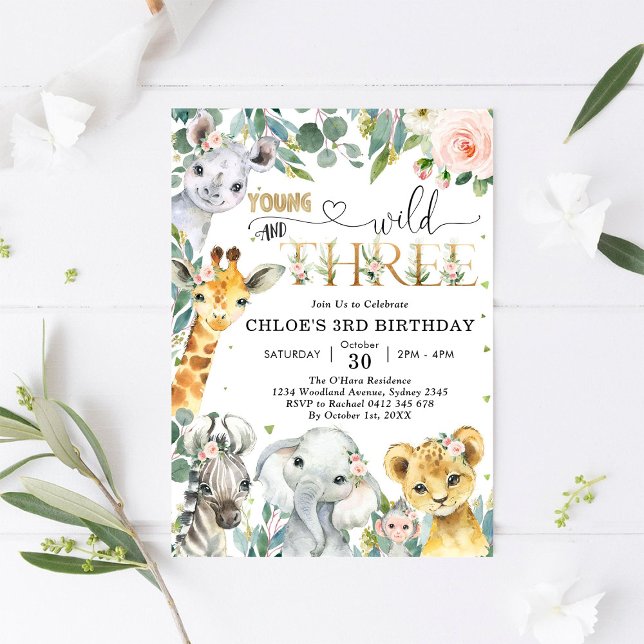 Invitation Young Wild & Three Party Animals Girl 3rd Birthday (Créateur téléchargé)