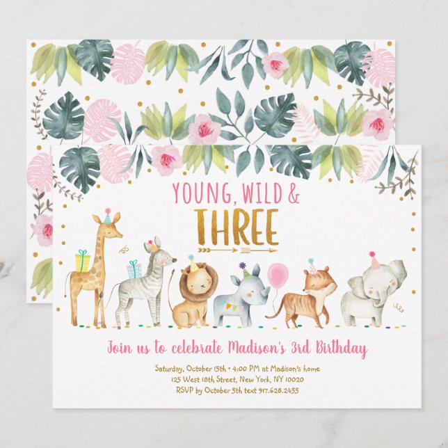 Invitation Young Wild & Three Pink Safari Anniversaire (Devant / Derrière)