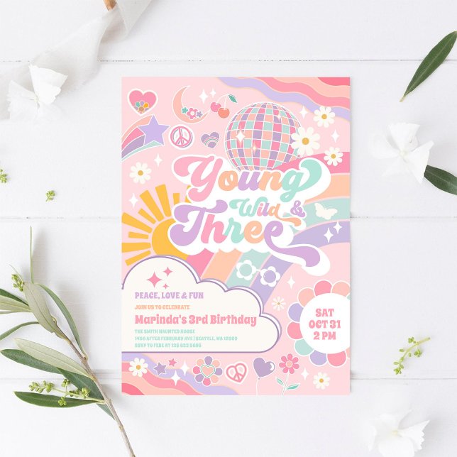 Invitation Young Wild & Three Rainbow Disco Sun 3rd Birthday  (Créateur téléchargé)