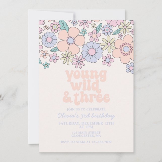 Invitation Young Wild Three Retro Floral 3e anniversaire (Devant)