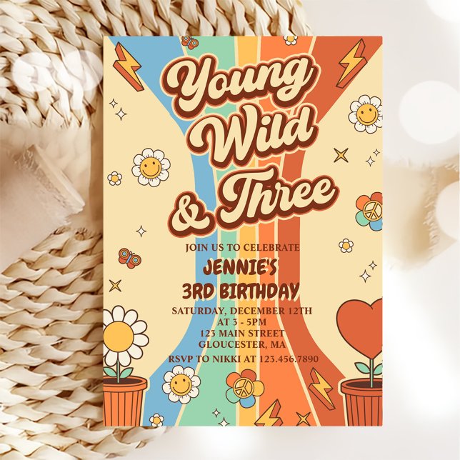 Invitation Young Wild Three Retro Rainbow 3e anniversaire (Créateur téléchargé)