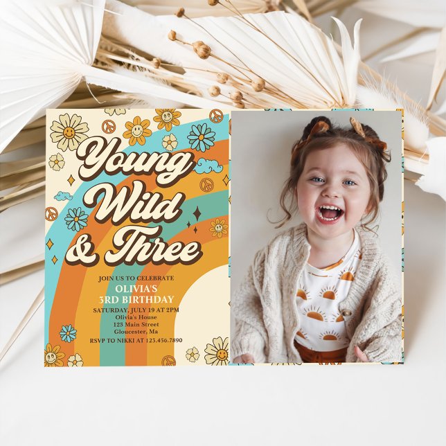 Invitation Young Wild Three Retro Rainbow 3ème anniversaire P (Créateur téléchargé)