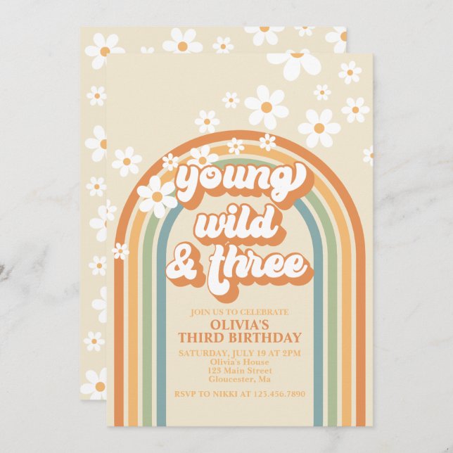 Invitation Young Wild Three Retro Rainbow Daisy Anniversaire (Devant / Derrière)