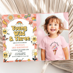 Invitation Young Wild Three Retro Van Pink 3e anniversaire