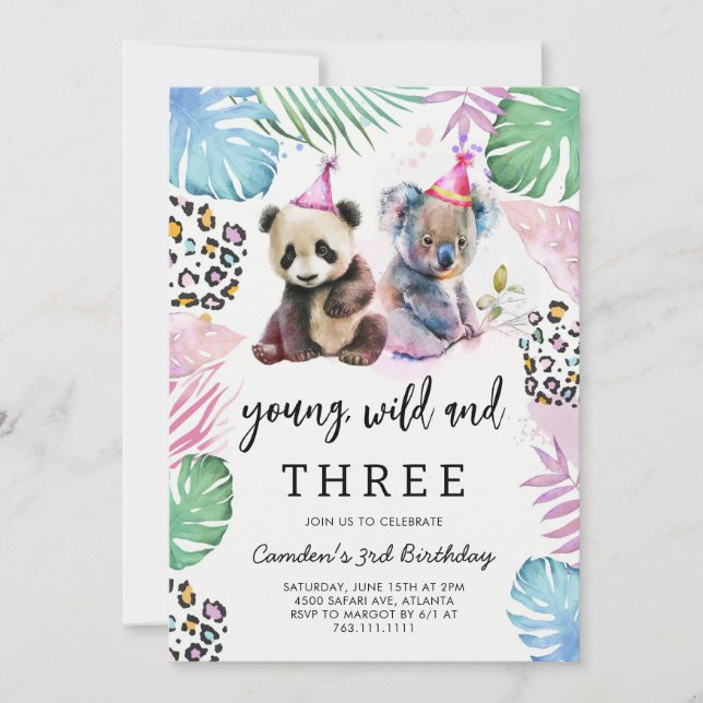 Invitation Young Wild & Three Safari Animals Birthday  (Devant)