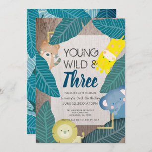 Invitation Young Wild & Three Safari Animaux Garçon 3e annive