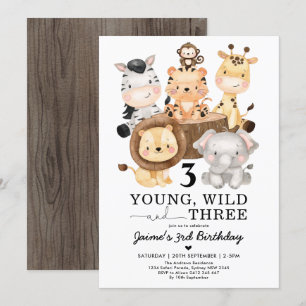Invitation Young Wild & Three Safari Jungle 3e anniversaire