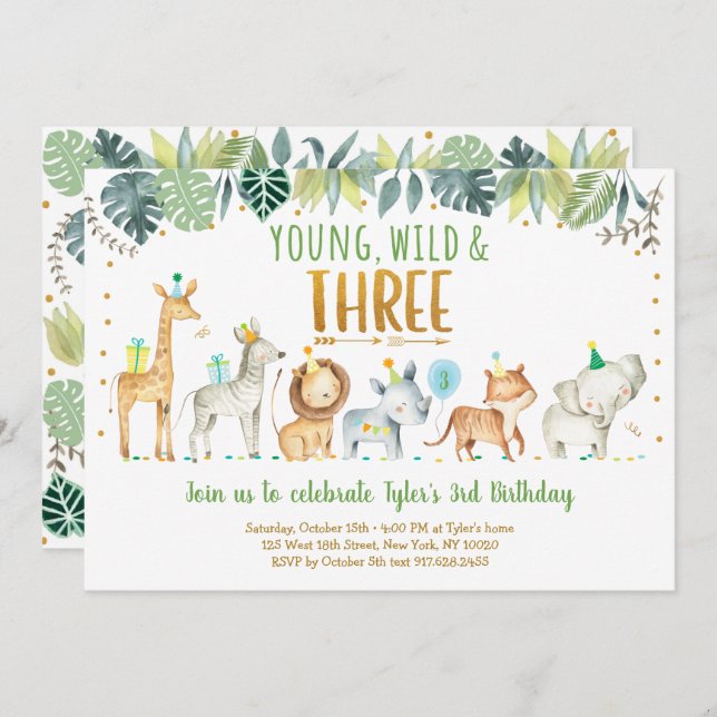 Invitation Young Wild & Three Safari Jungle Anniversaire (Devant / Derrière)