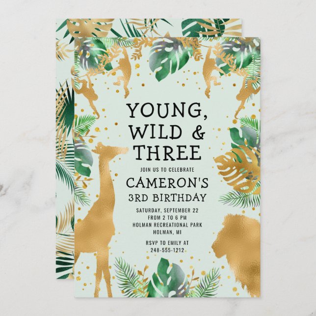 Invitation Young Wild Three Safari Pastel Vert 3e anniversair (Devant / Derrière)