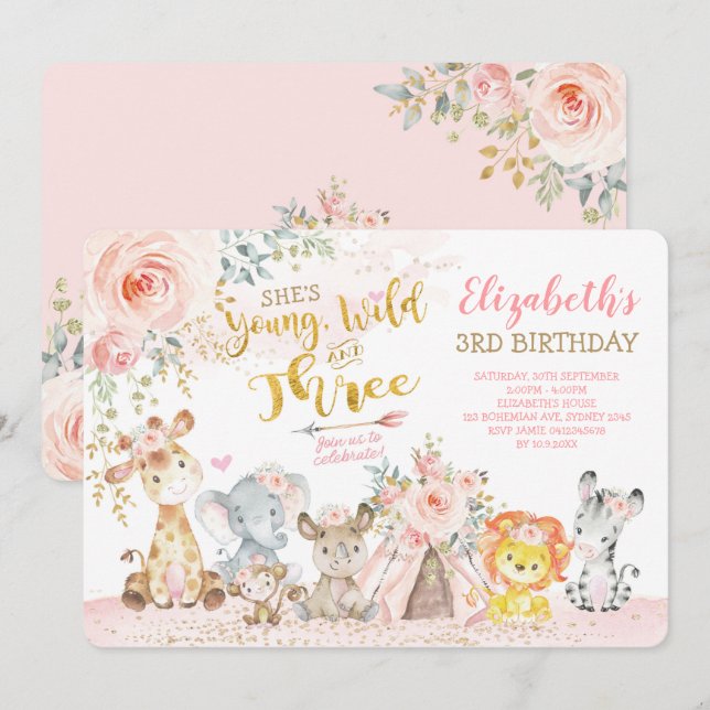 Invitation Young Wild & Three Tribal Jungle Girl 3e anniversa (Devant / Derrière)
