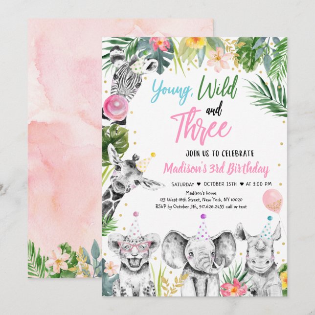 Invitation Young Wild & Three Tropical Safari Girl Birthday (Devant / Derrière)