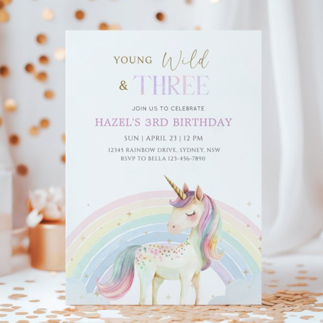 Invitation Young Wild & Three Unicorn Rainbow 3rd Birthday (Créateur téléchargé)