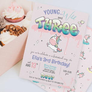 Invitation Young Wild Three Unicorn Rainbow Girl 3e anniversa