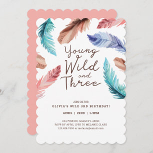 Invitation Young Wild & Three Watercolor Boho Feathers